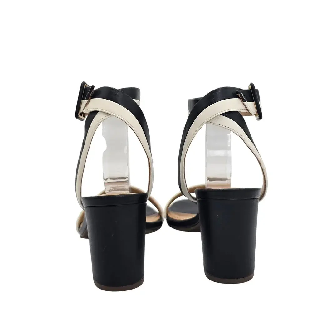 Talbots Nappa Leather Sandals Black White Ankle Strap Block Heel Women's 7.5M - Picture 6 of 10